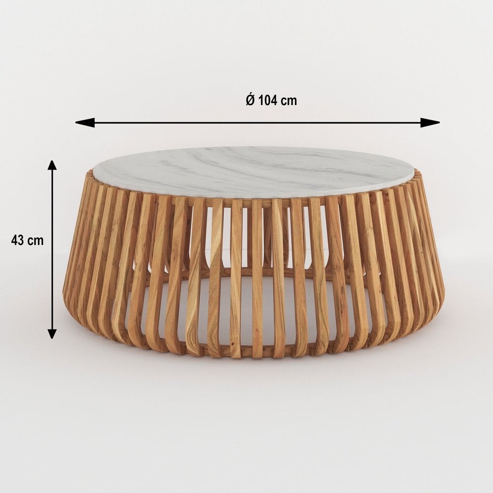Salontafel van wit marmer en acacia - Maison & Style, Huis en Inrichting, Ophalen, Overige materialen, 50 tot 100 cm, Rond