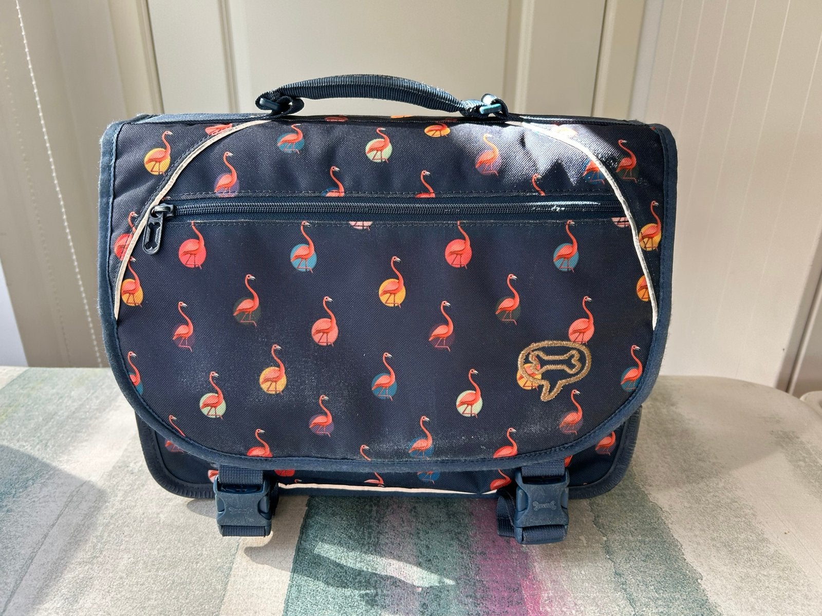 Schooltas Stones and Bones met flamingo’s., Handtassen en Accessoires, Tassen | Schooltassen, Blauw, Aktetas of Boekentas, Ophalen of Verzenden