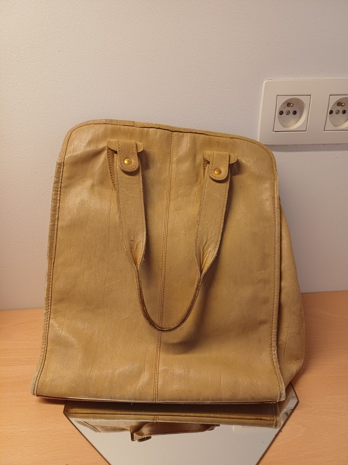 Vintage Lederen Shopper, Bijoux, Sacs & Beauté, Enlèvement ou Envoi, Utilisé, Beige, Shopper