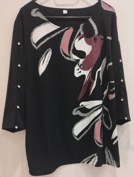 Zwarte tuniek met abstracte print en parels, maat 48/50, Ophalen, Zo goed als nieuw, Grijs