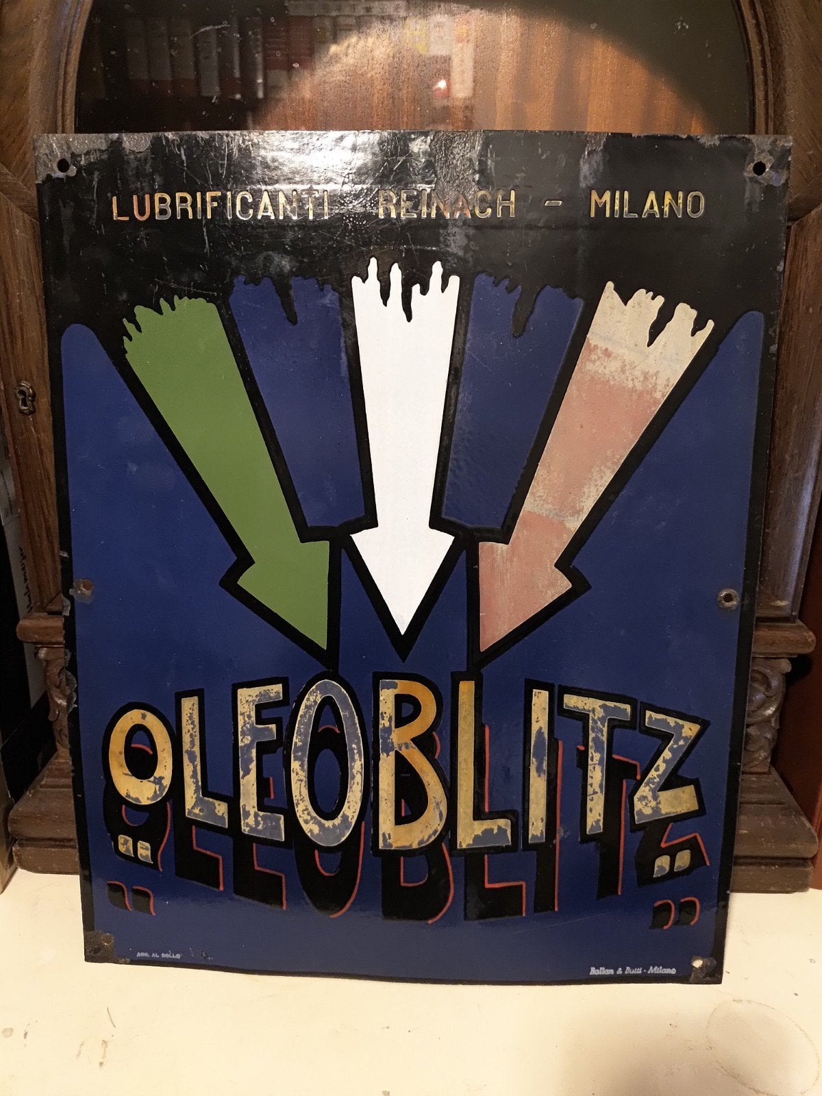 Zeer mooi oud emaille bord Oleoblitz jaren 30, Ophalen, Gebruikt, Reclamebord