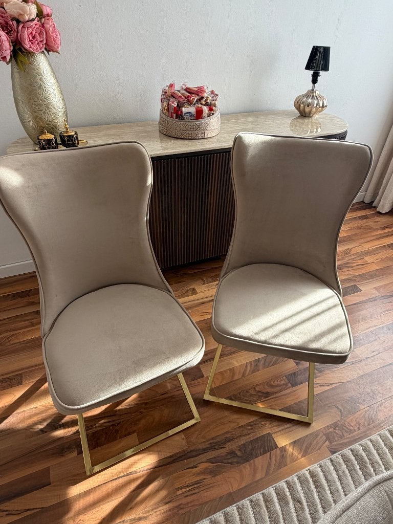 Luxe velvet eetkamerstoelen – Beige & Goud – Set van 2, Enlèvement, Utilisé, Autres couleurs, Deux