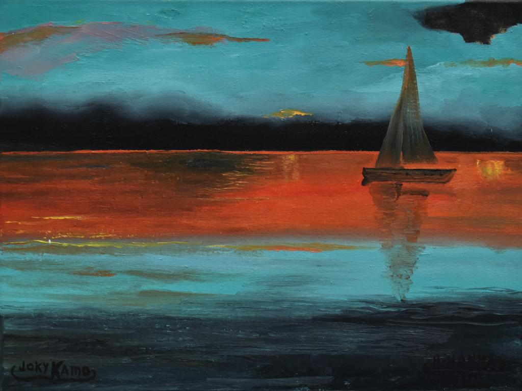Oranje zeilboot landschapsschilderij, door joky kamo, Ophalen