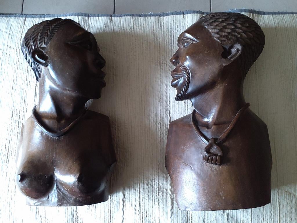 Handgesneden houten buste van een Afrikaanse vrouw en man, Antiek en Kunst, Ophalen, Hout, Buste, Man