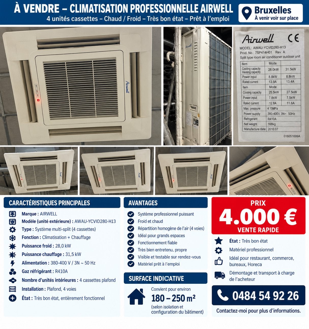 CLIMATISATION PROFESSIONNELLE AIRWELL – 4 CASSETTES, Enlèvement, Autres types