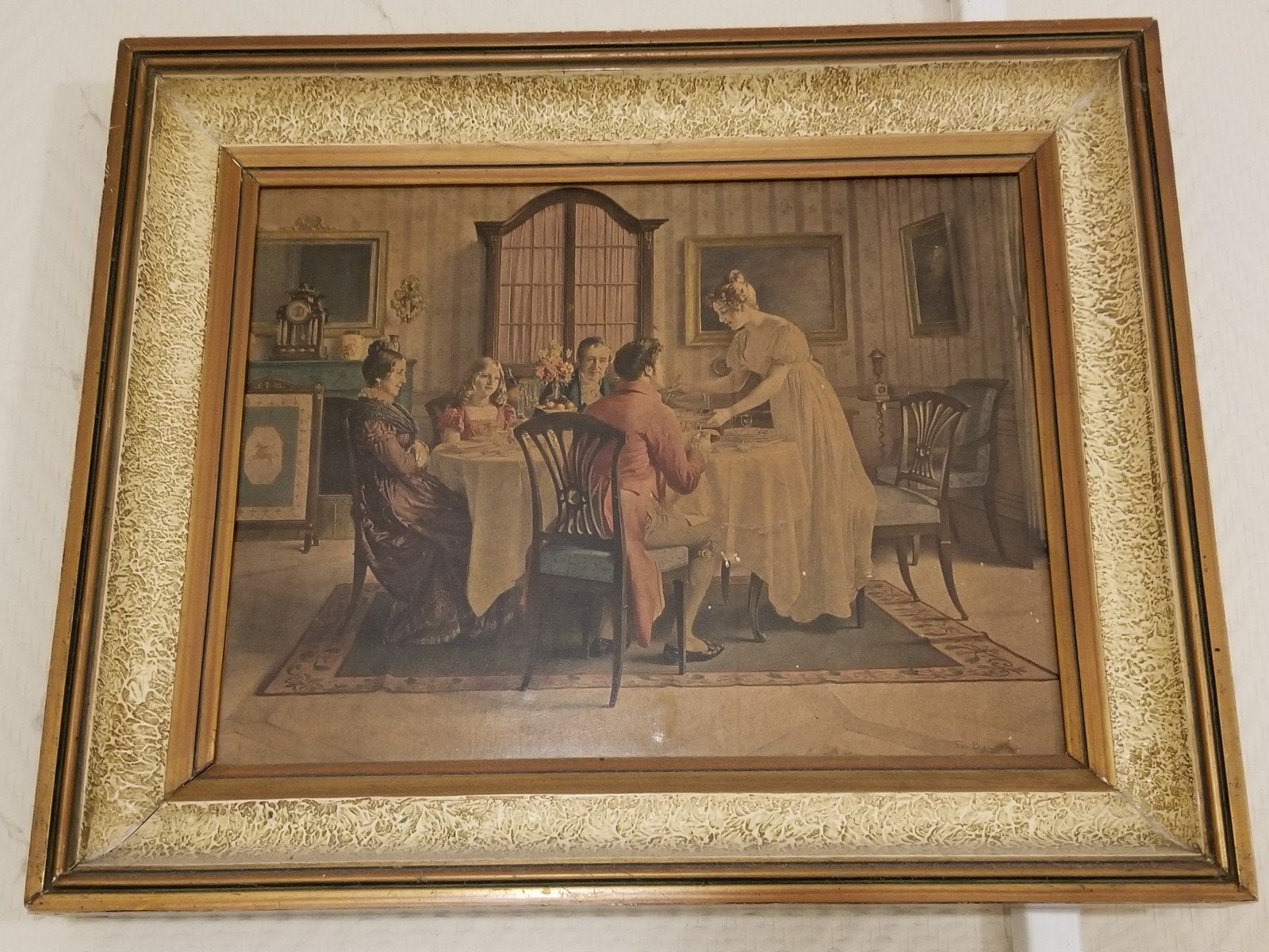 Bedrukt tafereel family dinner, Antiek en Kunst, Kunst | Schilderijen | Klassiek, Ophalen of Verzenden
