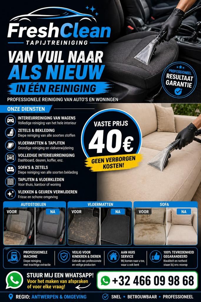 Professionele dieptereiniging aan huis - Auto & Zetel, Maison & Meubles, Produits de nettoyage, Enlèvement ou Envoi