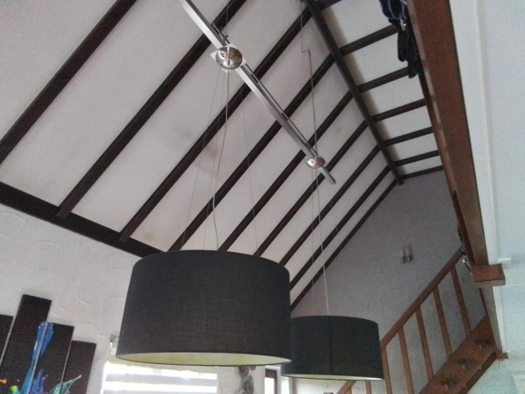 Stalen hanglamp met kroonluchter en 2 lampenkappen met een d, Ophalen