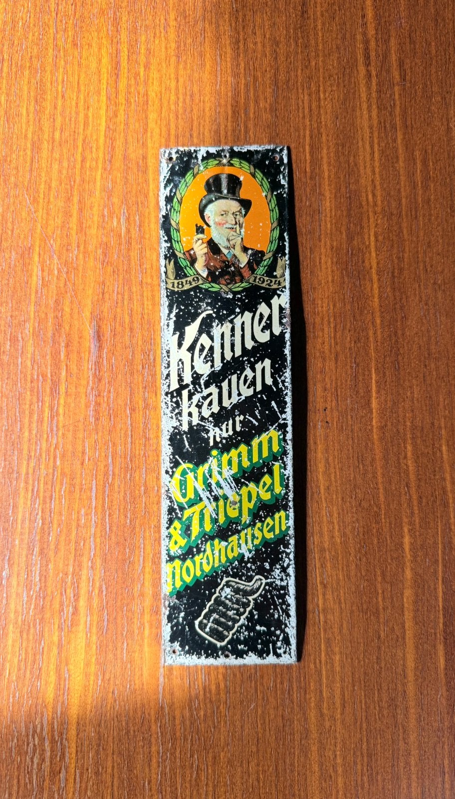 Antiek blikken deurpostje Grimm & Triepel, Verzamelen, Ophalen of Verzenden, Gebruikt, Reclamebord