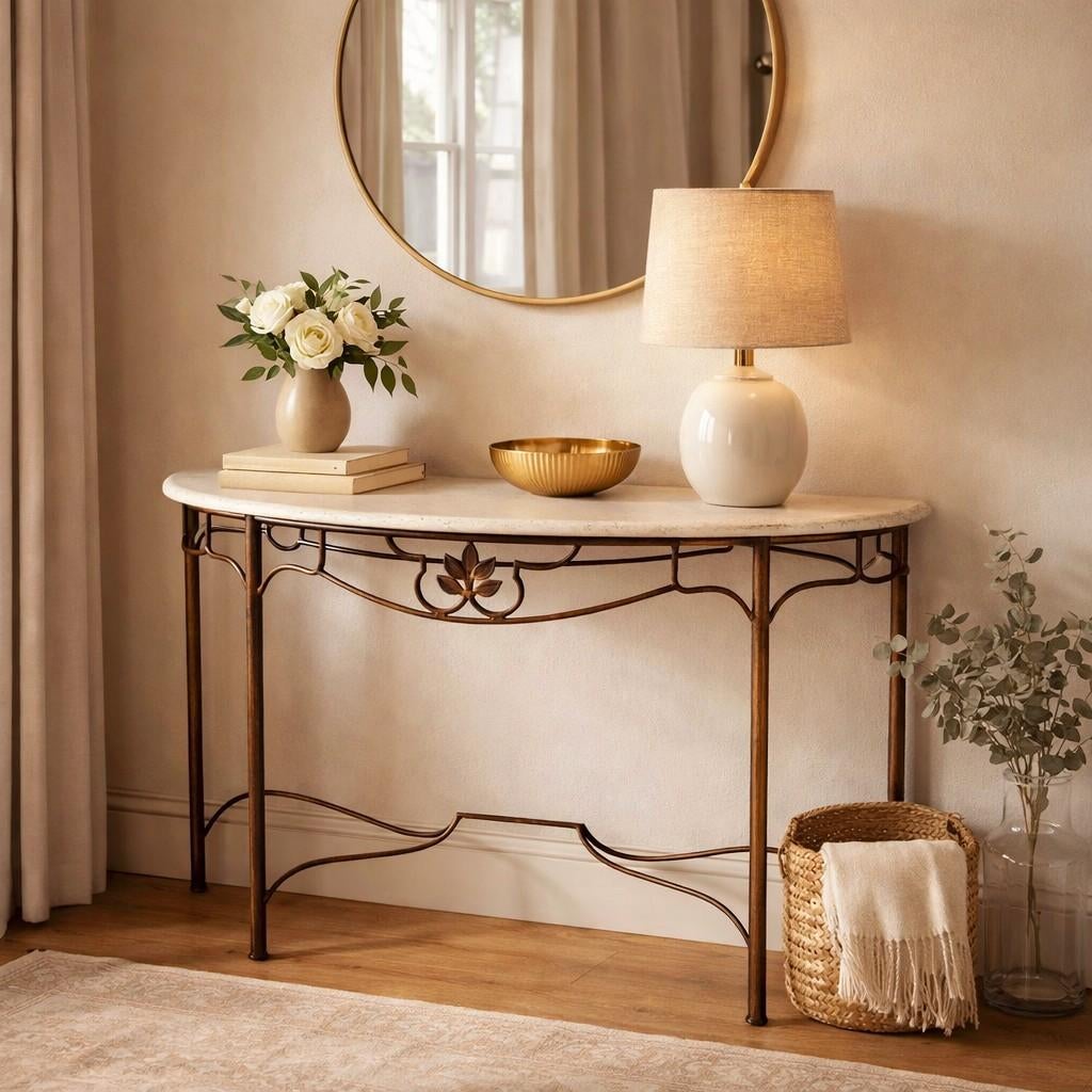Mooie elegante halfronde consoletafel met wit marmeren blad, Huis en Inrichting, Tafels | Bijzettafels, Ophalen