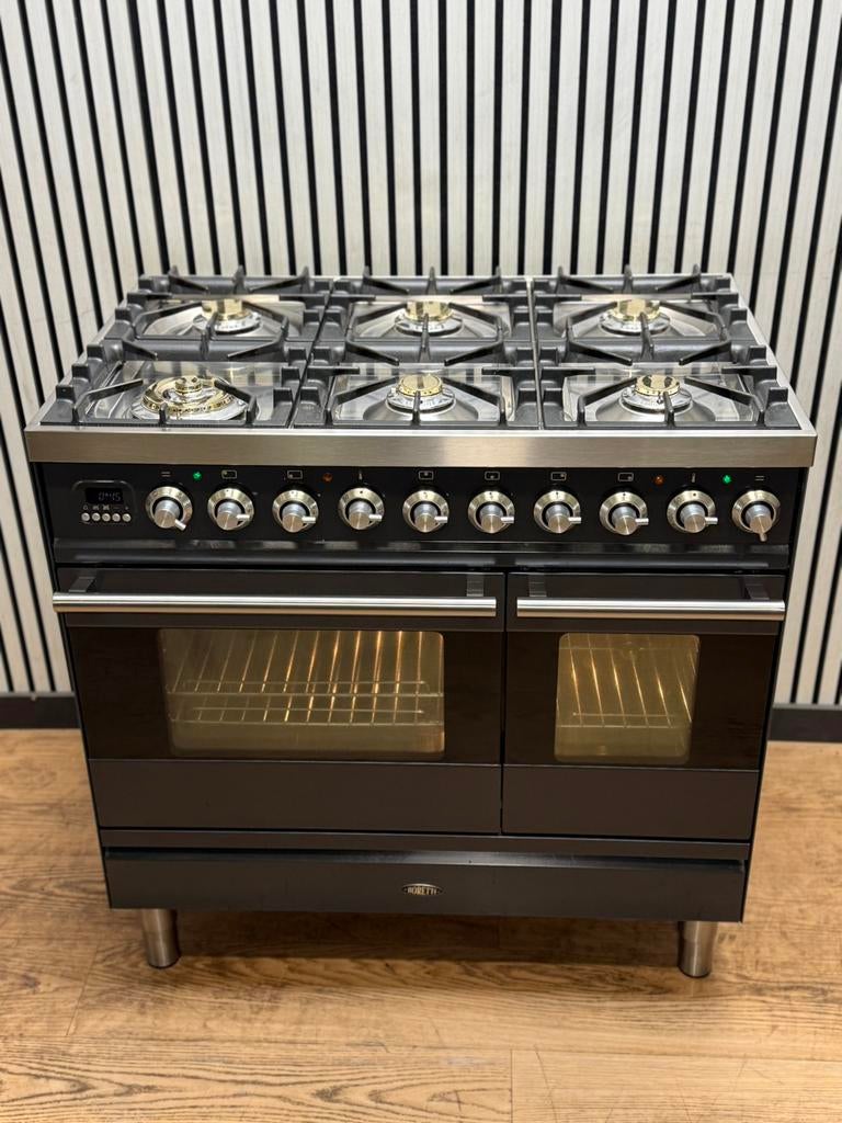 Luxe Fornuis Boretti 6 pits antraciet met dubbele oven 90 cm, Ophalen of Verzenden