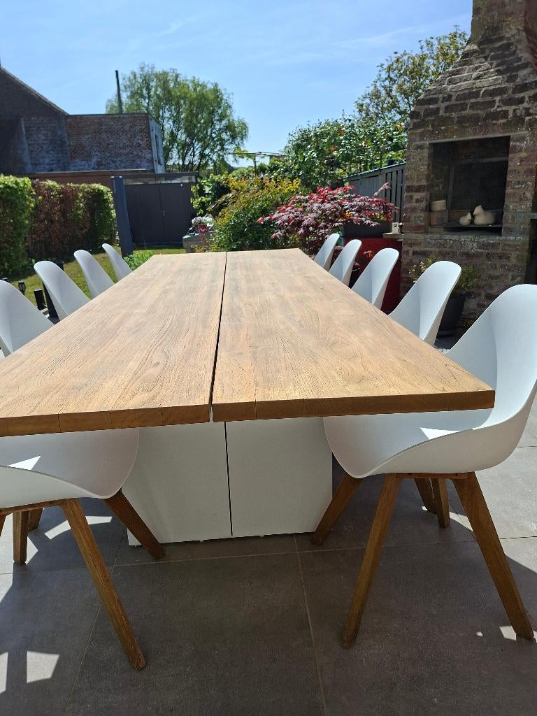 Tuintafel teak en 10 stoelen, Ophalen, Zo goed als nieuw, Rechthoekig, Teakhout