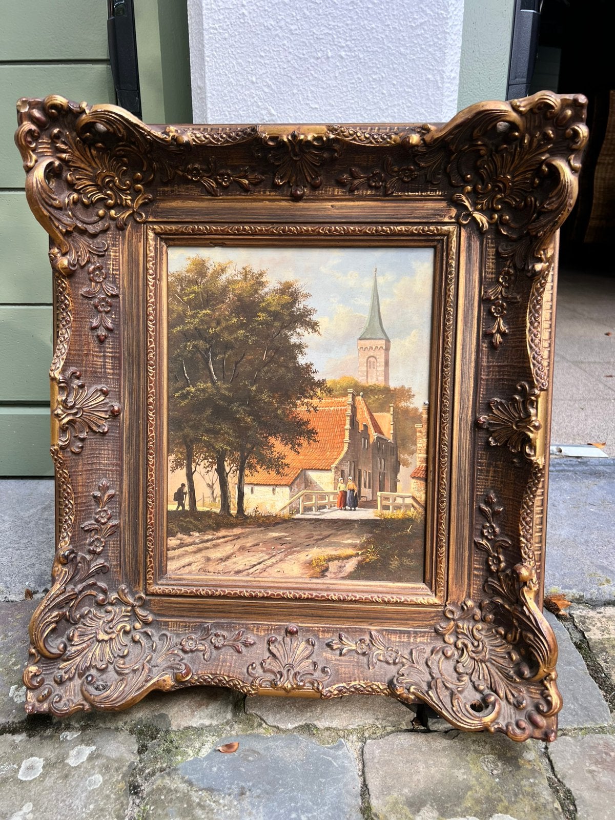 Vue d'un village néerlandais — Signé E. Vahrmeijer, Panneau, Paysage, Signé, Enlèvement