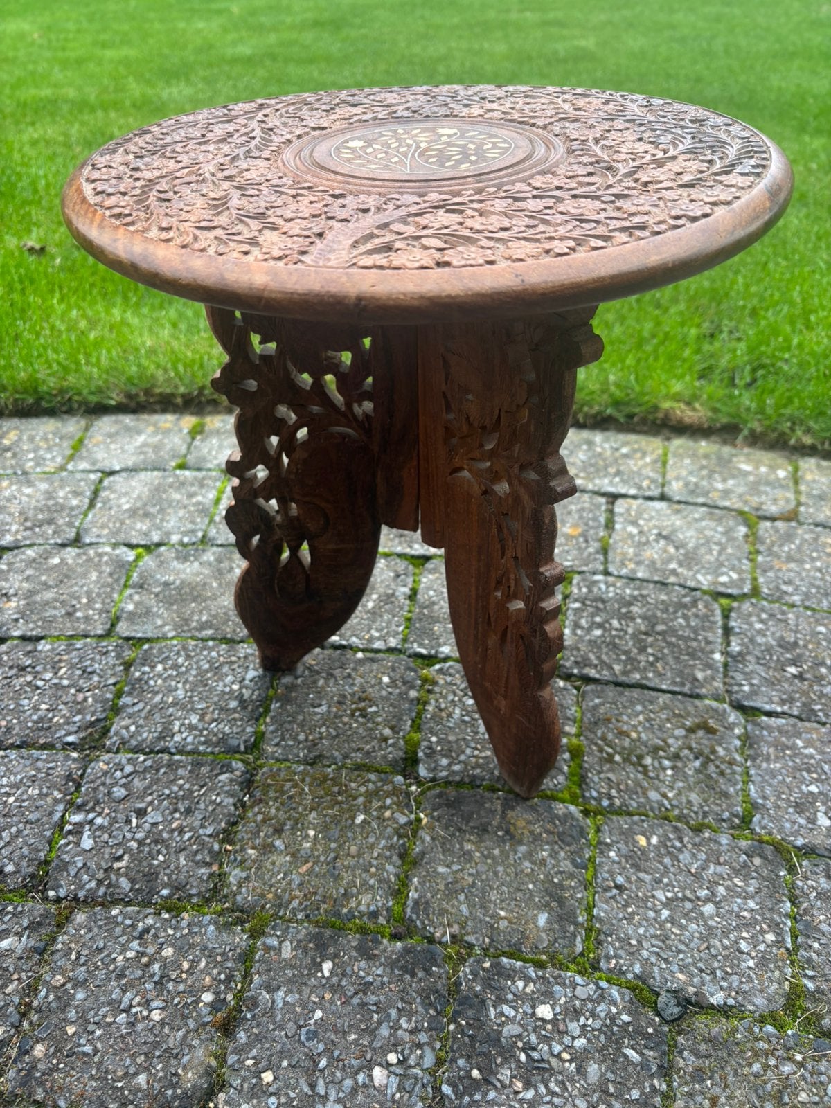 Handgesneden houten tafeltje / plantentafel boho ibiza stijl, Ophalen of Verzenden