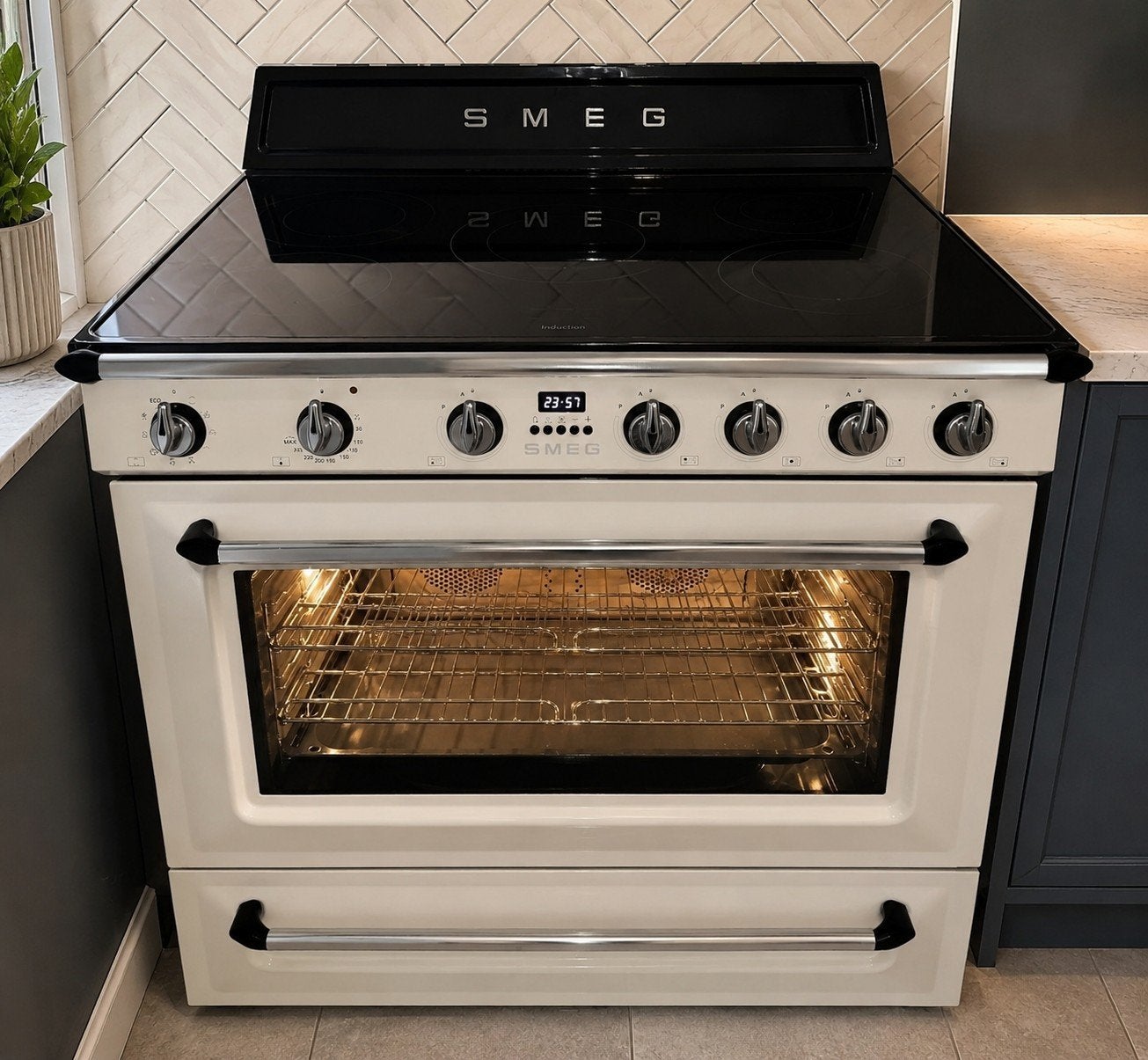 Luxe smeg victoria inductie fornuis 90cm, Warmhoudplaat, Ophalen of Verzenden, Zo goed als nieuw, Energieklasse A of zuiniger