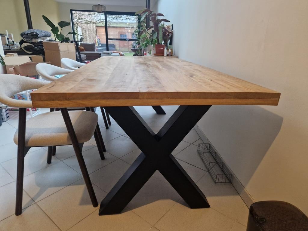Mangohouten tafel // zwart X-frame 220x100, Huis en Inrichting, Tafels | Eettafels, Ophalen of Verzenden, Metaal