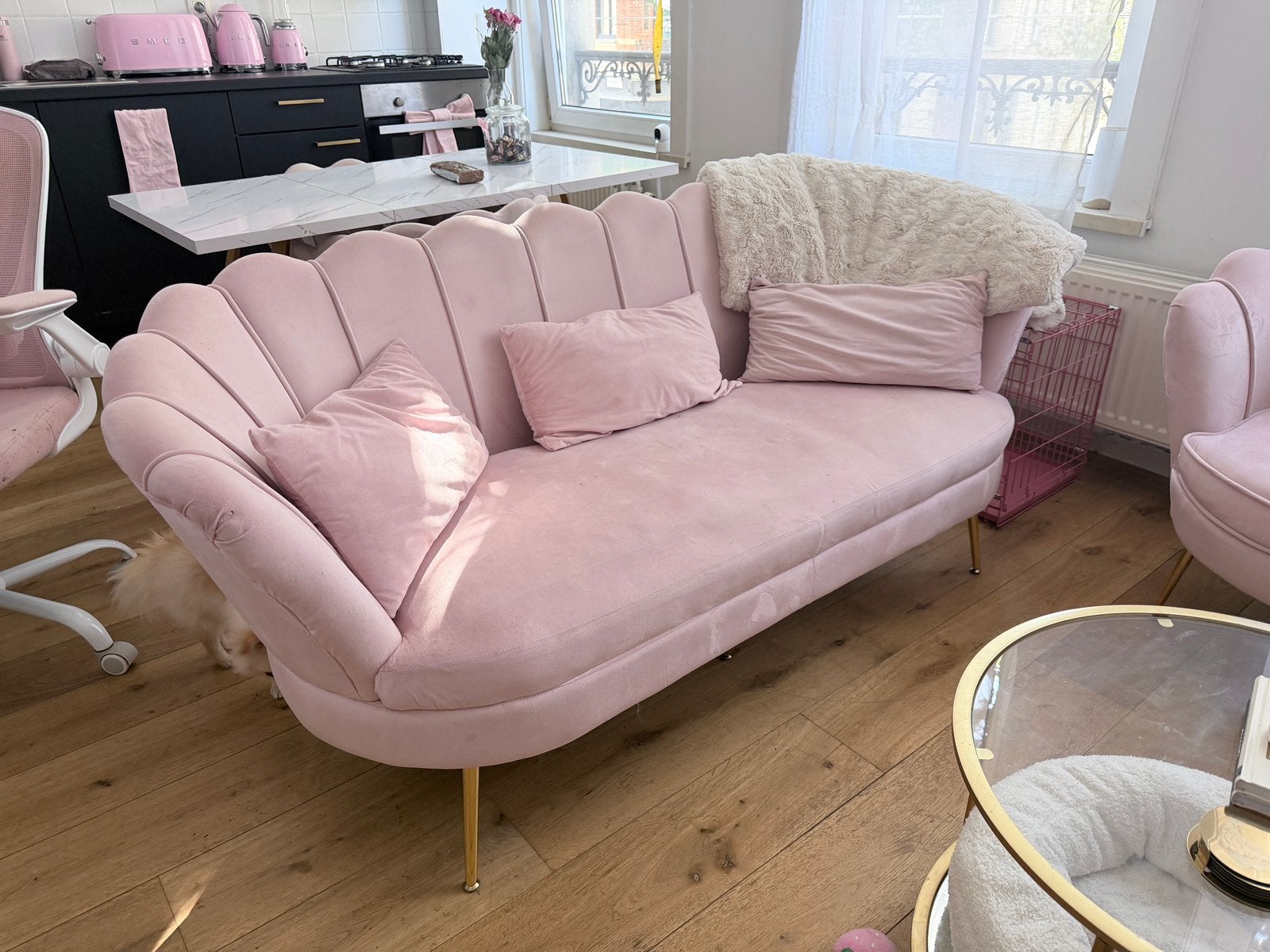 Ensemble de chaises en velours rose - 3 places + fauteuil, Enlèvement, Comme neuf, Tissus