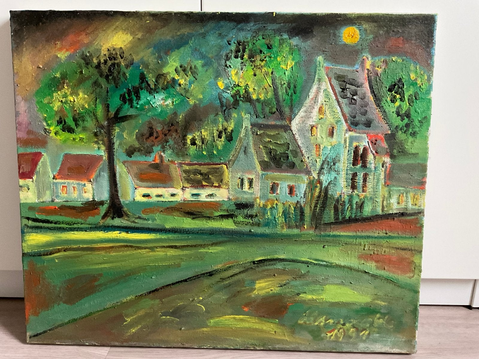 Schilderij met huizen, Antiek en Kunst, Ophalen of Verzenden
