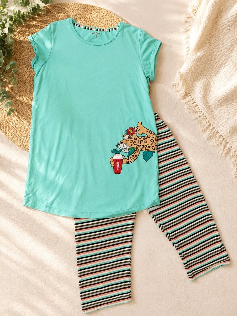 Woody Dames Pyjama – Mintgroen met Luipaardprint – Maat S, Ophalen of Verzenden, Maat 36 (S), Groen, Gedragen