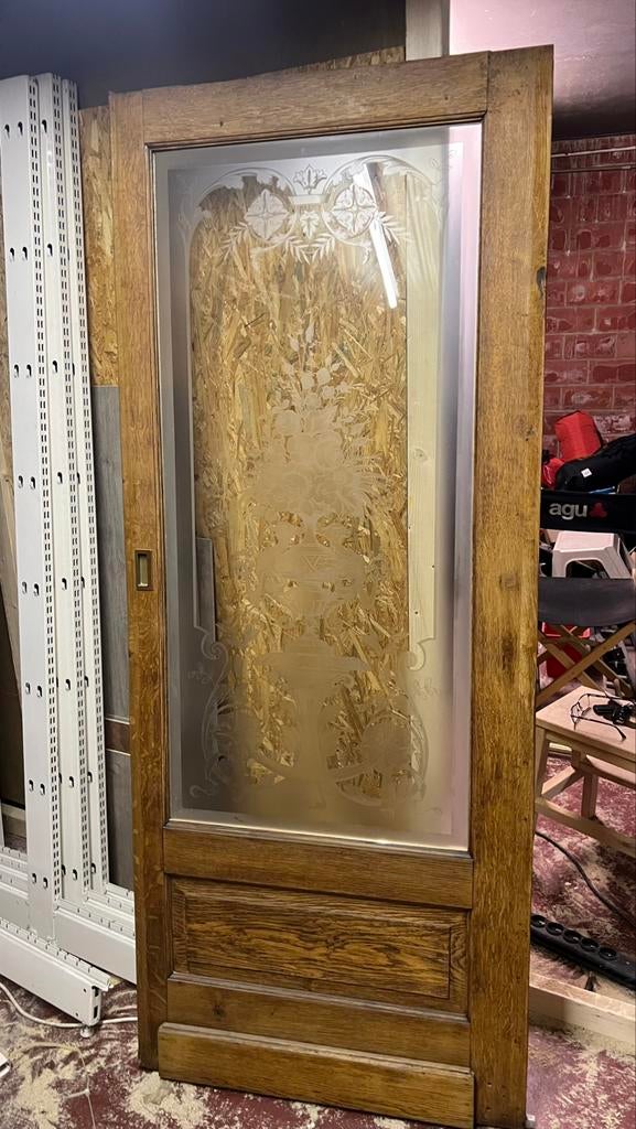 Massief eiken deur met glaswerk 1m96 x 80, Enlèvement, Comme neuf, Verre, Porte intérieure
