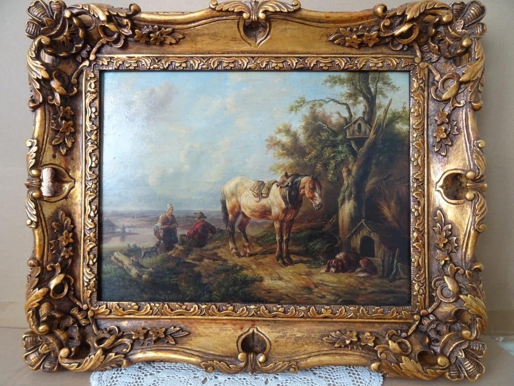 Peinture ancienne peinture vintage paysage cheval 55x45cm, Enlèvement ou Envoi