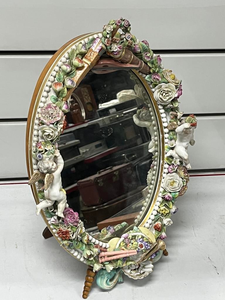 Magnifique Miroir de Table Ovale Style Rococo - chérubins, Enlèvement, Ovale, Moins de 50 cm, Moins de 100 cm