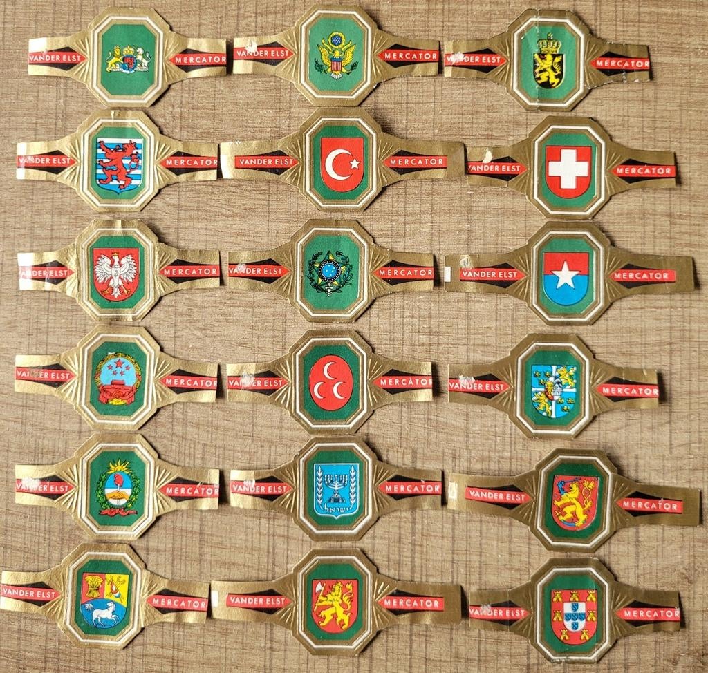 18 oude sigarenbandjes: Wapenschilden, Ophalen of Verzenden, Gebruikt, Sigarenbandjes