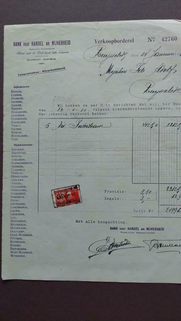 Verkoopborderel Bank voor handel en Nijverheid uit 1930, Ophalen of Verzenden