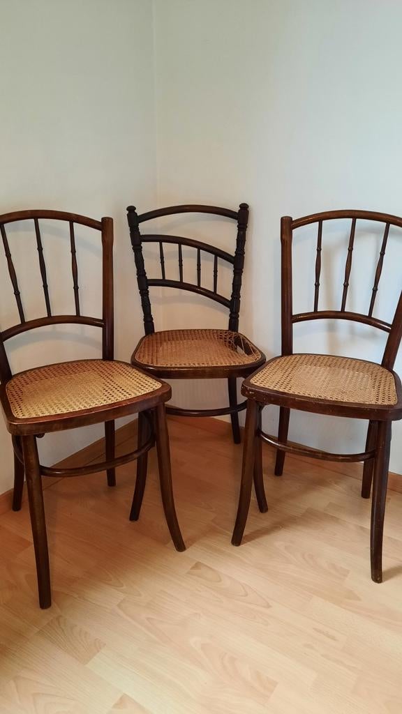 3 antieke houten gebogen caféstoelen gestempeld, Ophalen