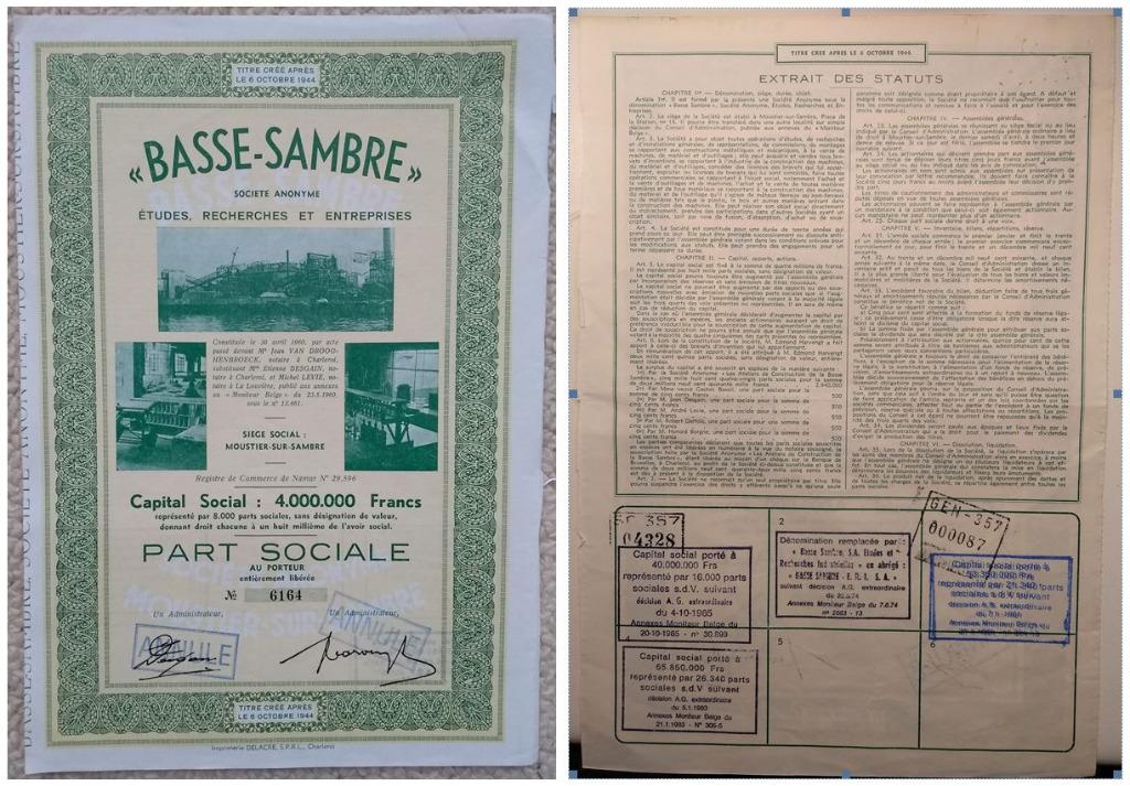 LOT d'Anciens titres Annulés de la s.a. BASSE-SAMBRE, Enlèvement, 1920 à 1950, Autres types