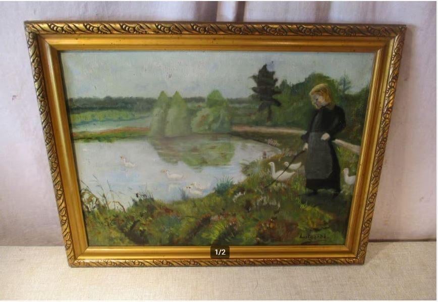 Mooi Oud Geschilderd Werk 'Vrouw met Eenden' - Lutgarde, Antiek en Kunst, Kunst | Schilderijen | Klassiek, Ophalen of Verzenden