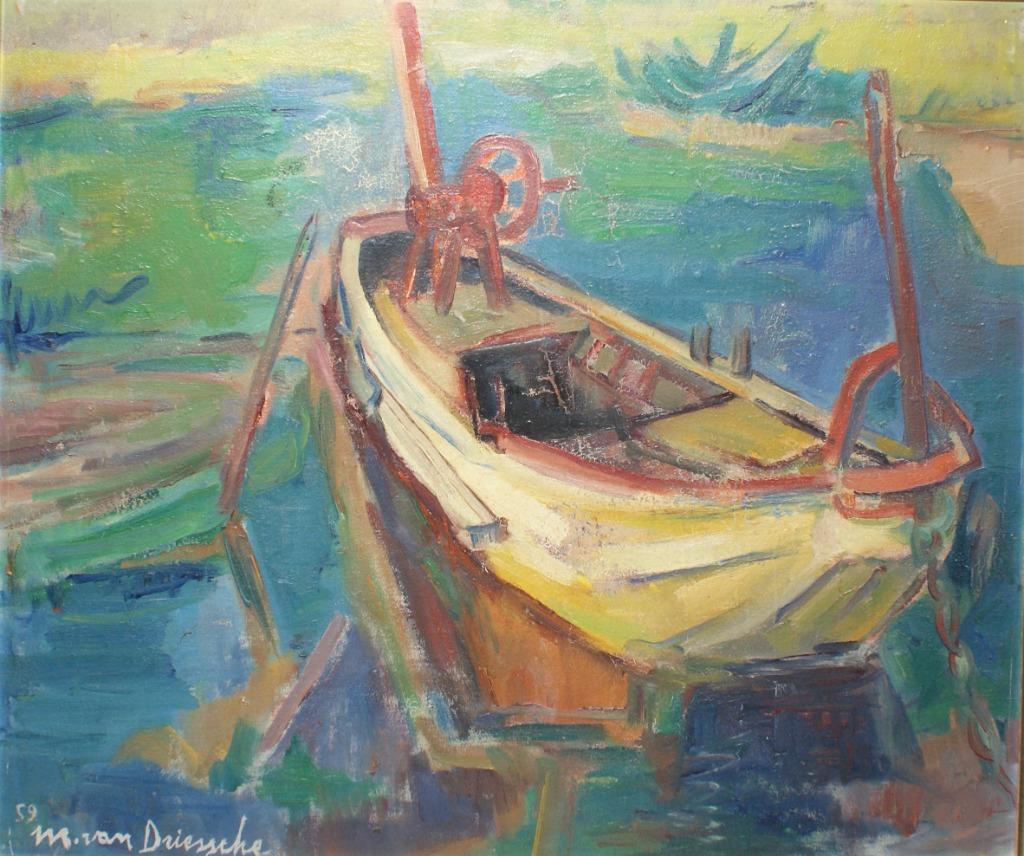 Marcel Van Driessche (1925-2012): Bootje 1959 (90 x 80 cm), Antiek en Kunst, Ophalen of Verzenden