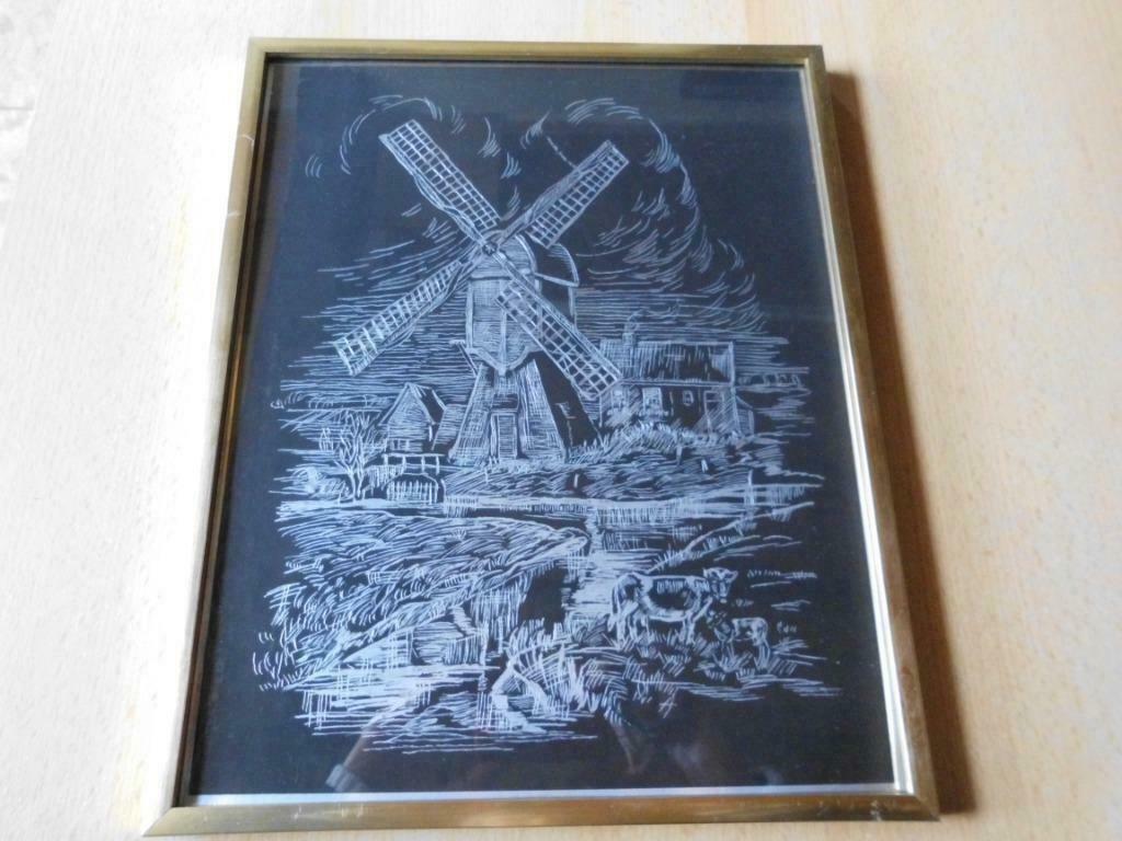Dessin moulin à vent noir et blanc, maison, vache - dans un, Enlèvement ou Envoi, Dessin, Moins de 50 cm, Utilisé