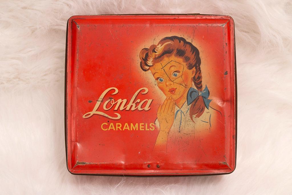 oude blikken doos Lonka Caramels, Verzamelen, Ophalen of Verzenden, Gebruikt, Overige merken