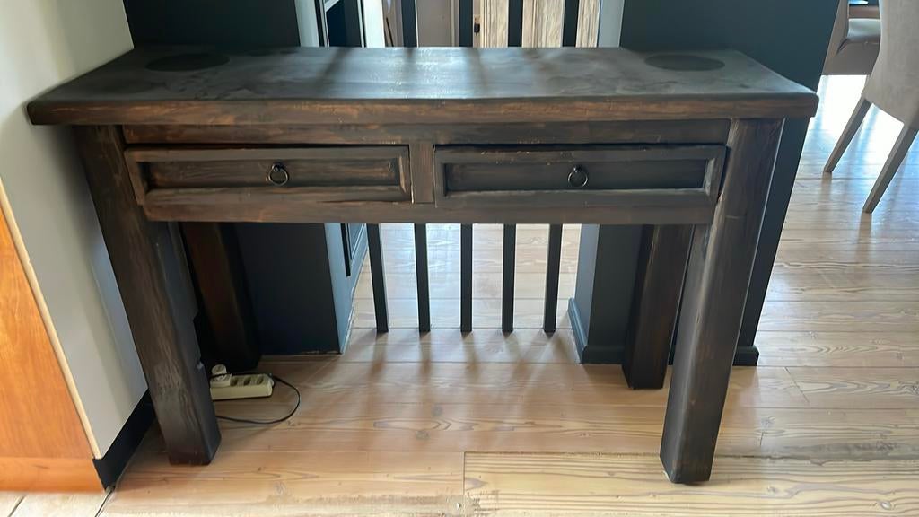 Massief houten bijzettafel met 2 lades, Ophalen, Gebruikt, 100 tot 150 cm, Rustiek