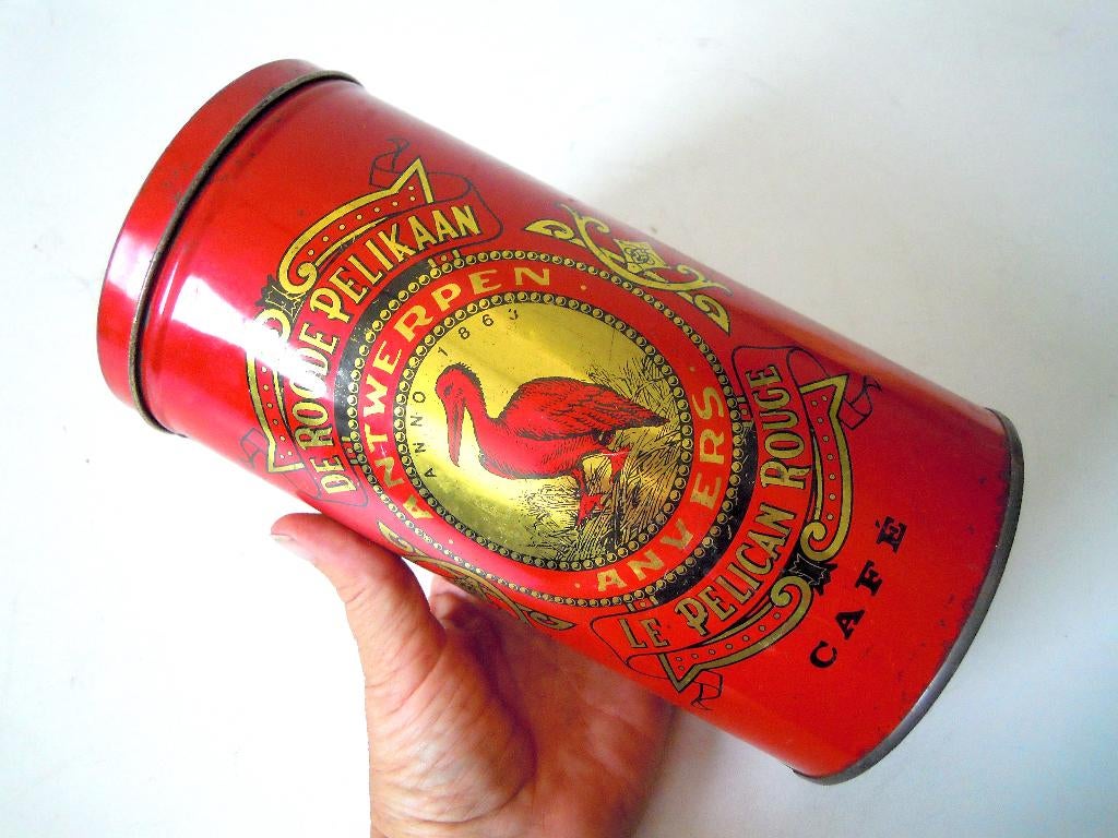 Vintage blikken doos van de Roode Pelikaan, Verzamelen, Verzenden, Gebruikt, Koffie, Overige merken