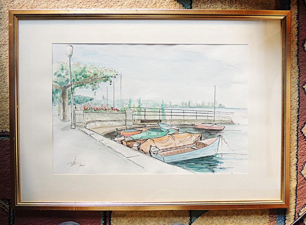 Aquarel gesigneerd ingelijst (haven aan het Meer van Genève), Antiek en Kunst, Ophalen of Verzenden