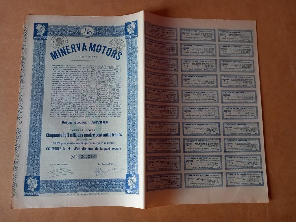 Origineel aandeel Minerva met alle coupons, Ophalen, Gebruikt, Auto's