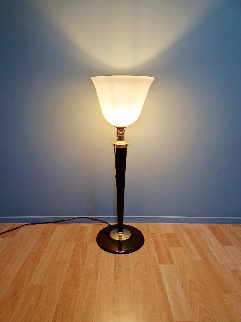 Grote Mazda Art Deco-lamp in hout en witte opaline, Antiek en Kunst, Ophalen of Verzenden