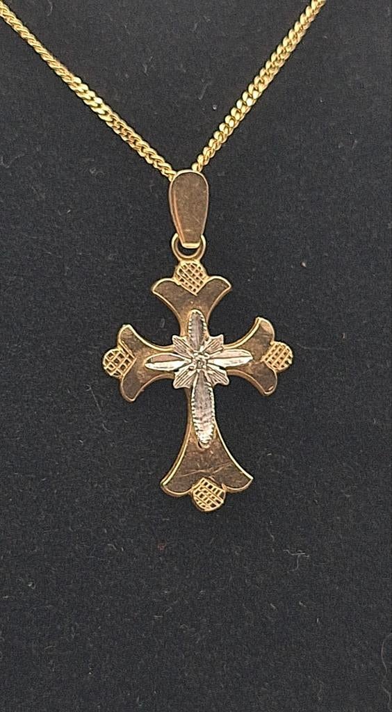 14k geel en wit gouden kruis met ketting, Verzenden, Wit, Goud