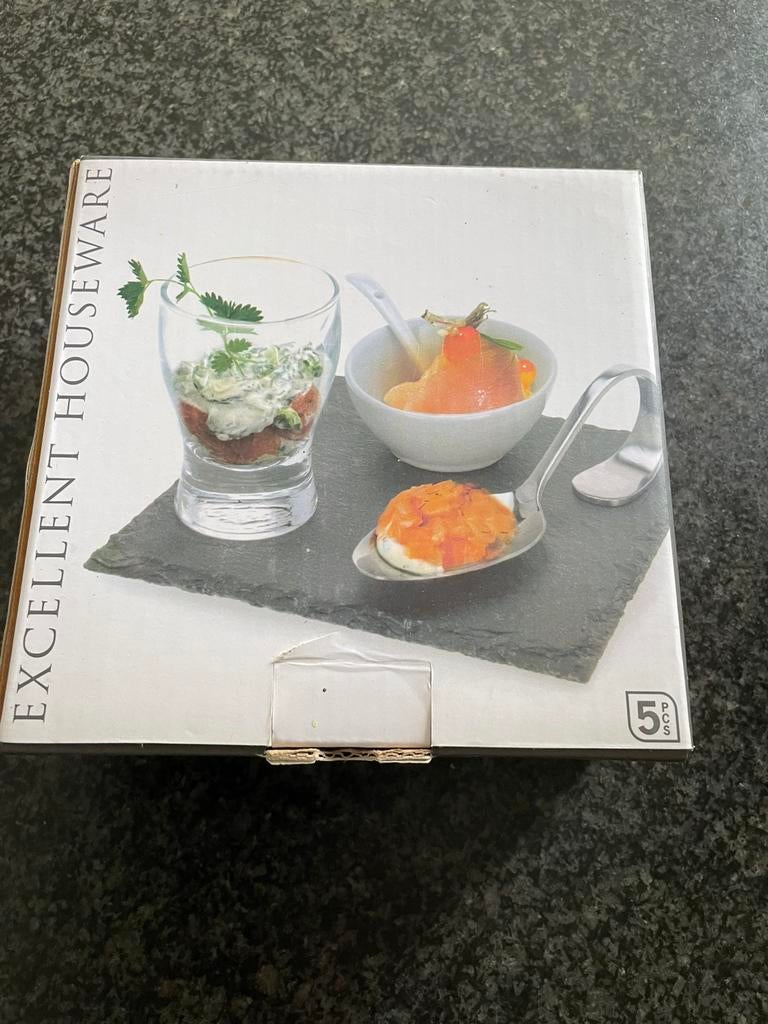 6 aperitiefsetjes bestaande uit drie delen, Ophalen of Verzenden, Zo goed als nieuw