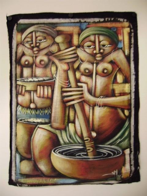 AFRIKA : 4 Inheemse voorstellingen op linnen-doek - Gemerkt, Antiquités & Art, Art | Art non-occidental, Afrique, Enlèvement, Marqué
