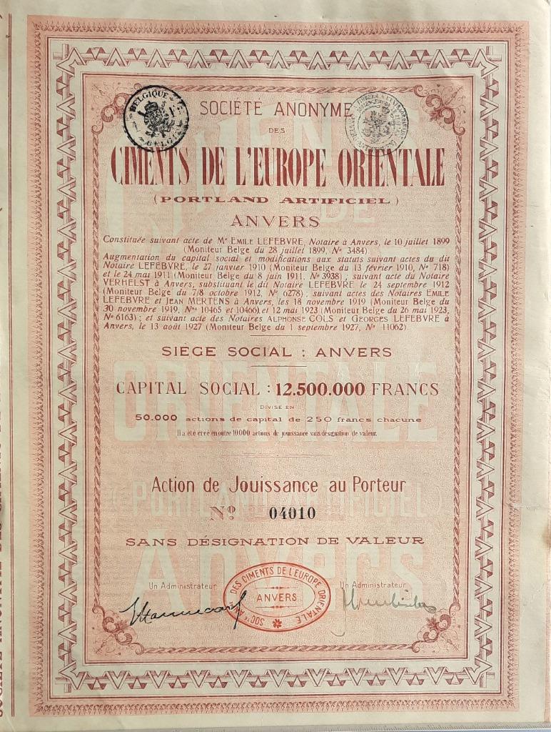 Ciments de L'europe Orientale - Anvers - 1927 - action, Enlèvement ou Envoi, 1920 à 1950, Action