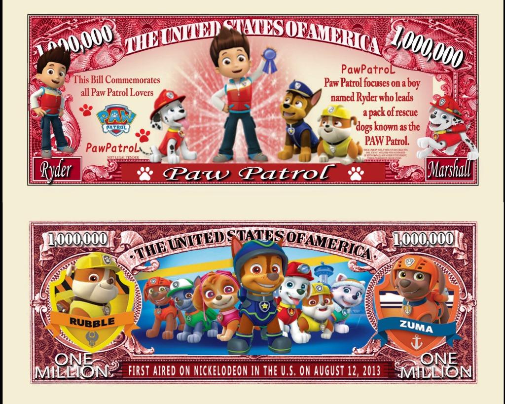 USA 1 million $ bankbiljet 'Paw Patrol' - Animation Legends, Verzenden, Noord-Amerika, Los biljet