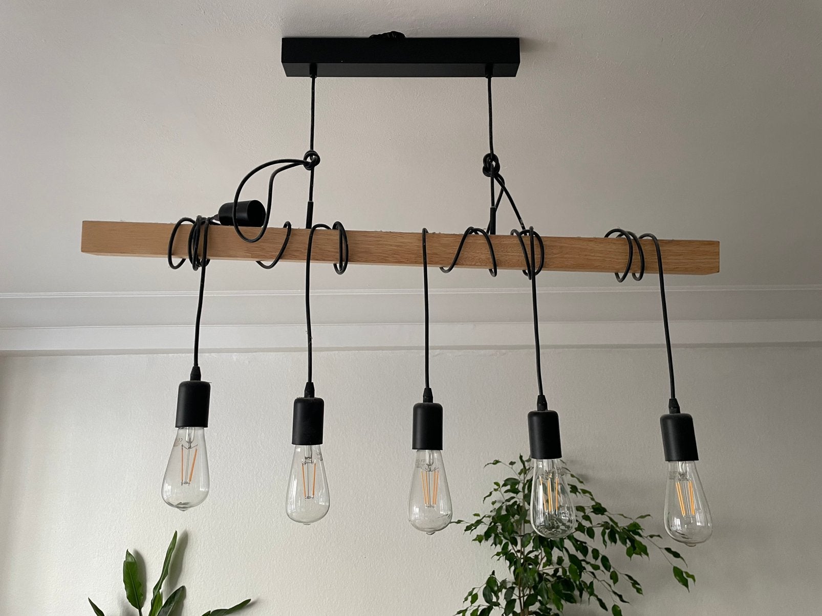 Hanglamp/zwart hout 6xE27, Ophalen, Zo goed als nieuw, Hout, E27 (groot)