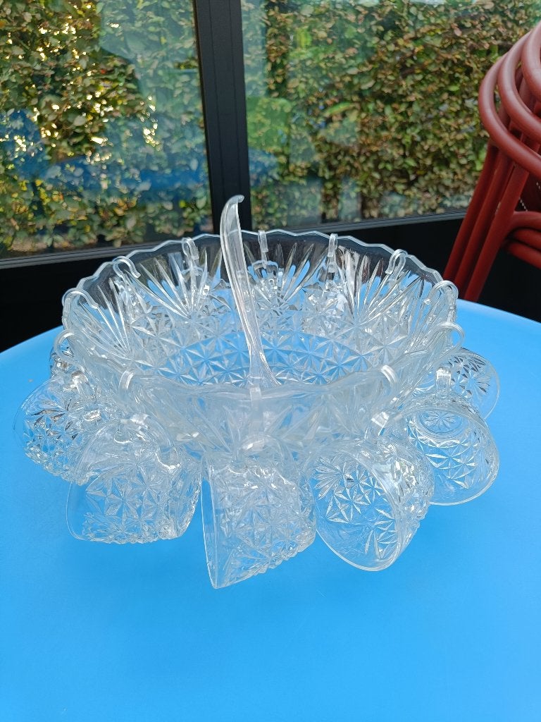 Glazen fruitkom met 12 glazen. Met 12 haakjes en lepel., Huis en Inrichting, Ophalen, Zo goed als nieuw, Glas, Glas of Glazen