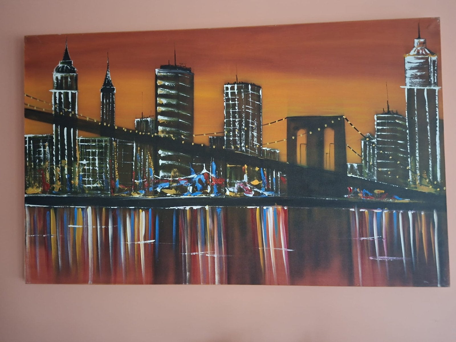 Groot schilderij „Brooklyn Bridge” - schilderij op canvas, Ophalen of Verzenden, Acrylverf, Stads- / dorpsgezicht, Doek