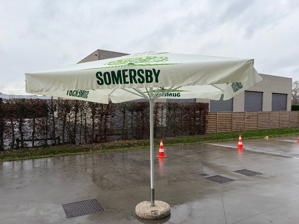 Parasol 3x3m + voet, Ophalen, Zo goed als nieuw, Waterdicht, Stokparasol