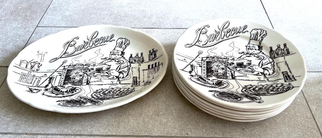 6 BORDEN + 1 SCHOTEL (Barbecue) /// IRON STONE - UNDERGLAZE, Huis en Inrichting, Keuken | Servies, Nieuw, Bord(en), Overige stijlen