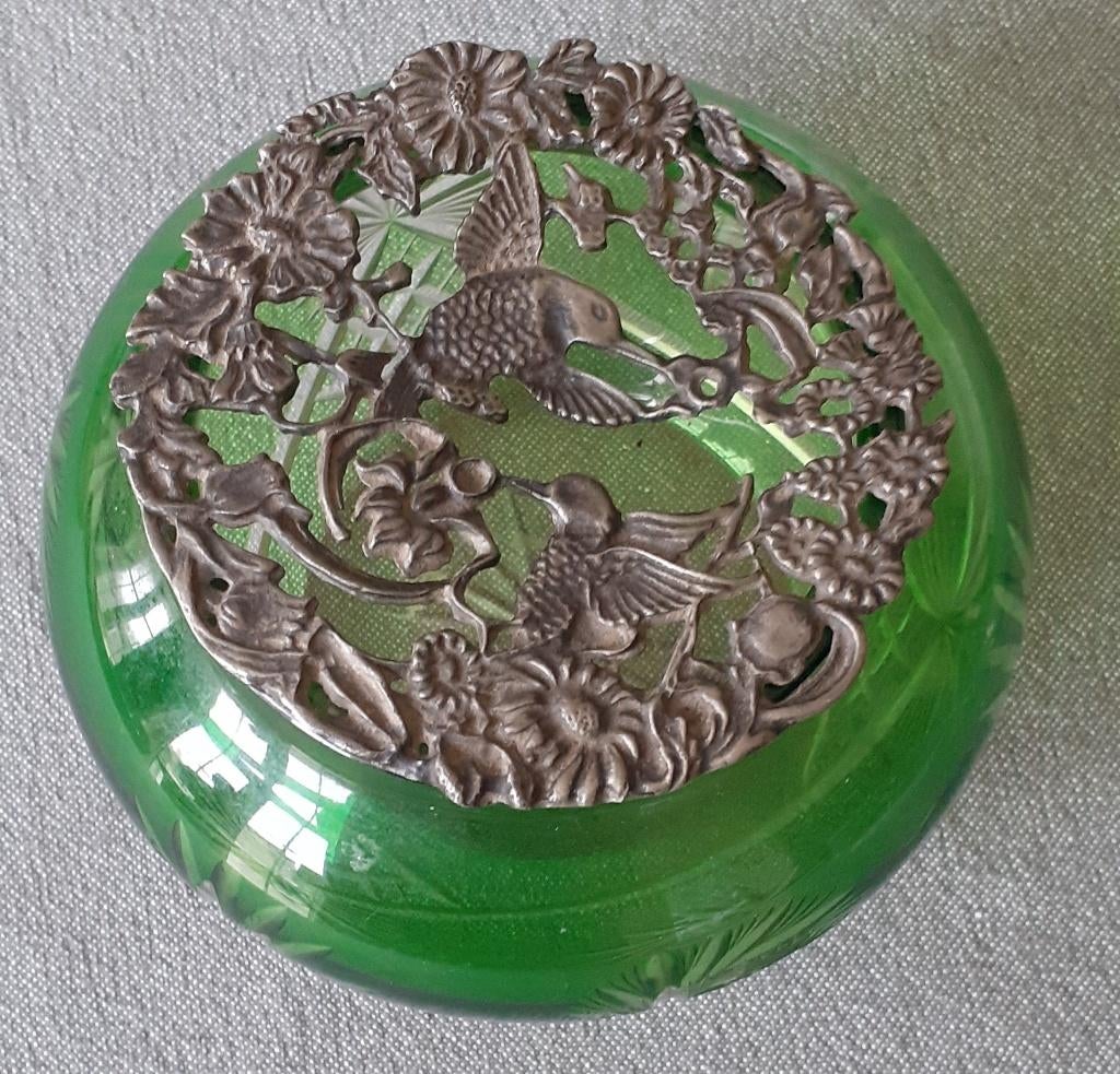 decoratief vintage glazen potje met tinnen deksel, Antiek en Kunst, Ophalen of Verzenden